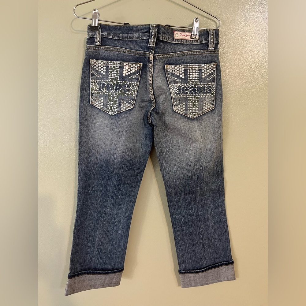 Pepe Jeans Vernita Cotton Embellishment Blue Ankle Cropped Denim Low Rise 27 NWT